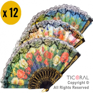 ABANICO CON DISE�O ESTAMPADO COLORES SURTIDOS x 12